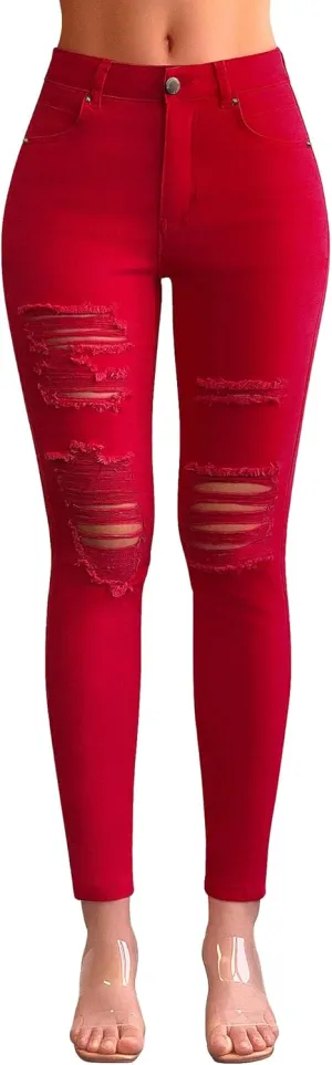 roswear Women's Essentials Ripped Mid Rise Destroyed Skinny Jeans