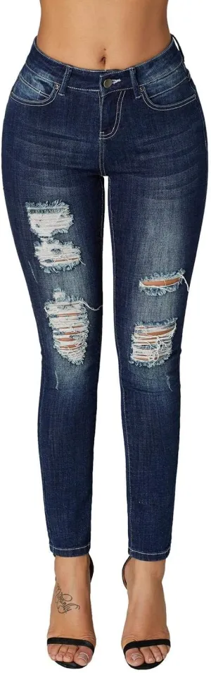 roswear Women's Essentials Ripped Mid Rise Destroyed Skinny Jeans