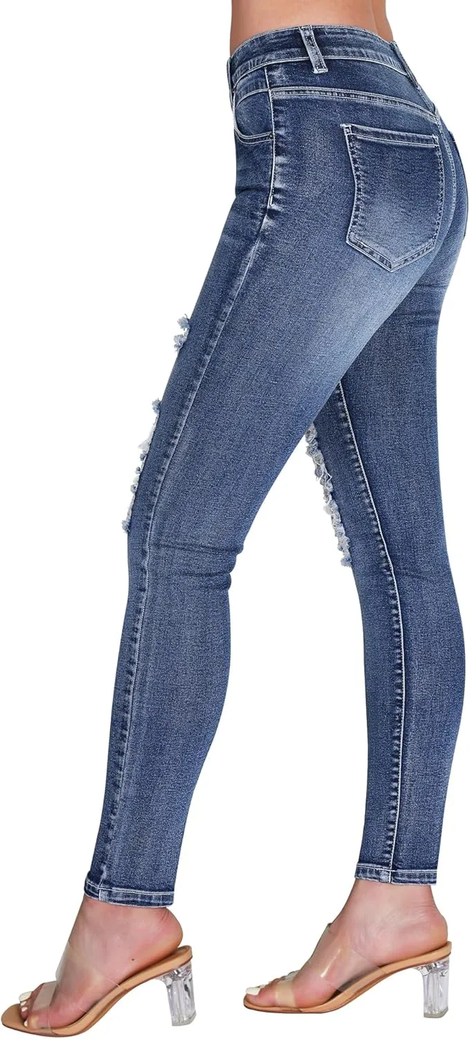 roswear Women's Essentials Ripped Mid Rise Destroyed Skinny Jeans