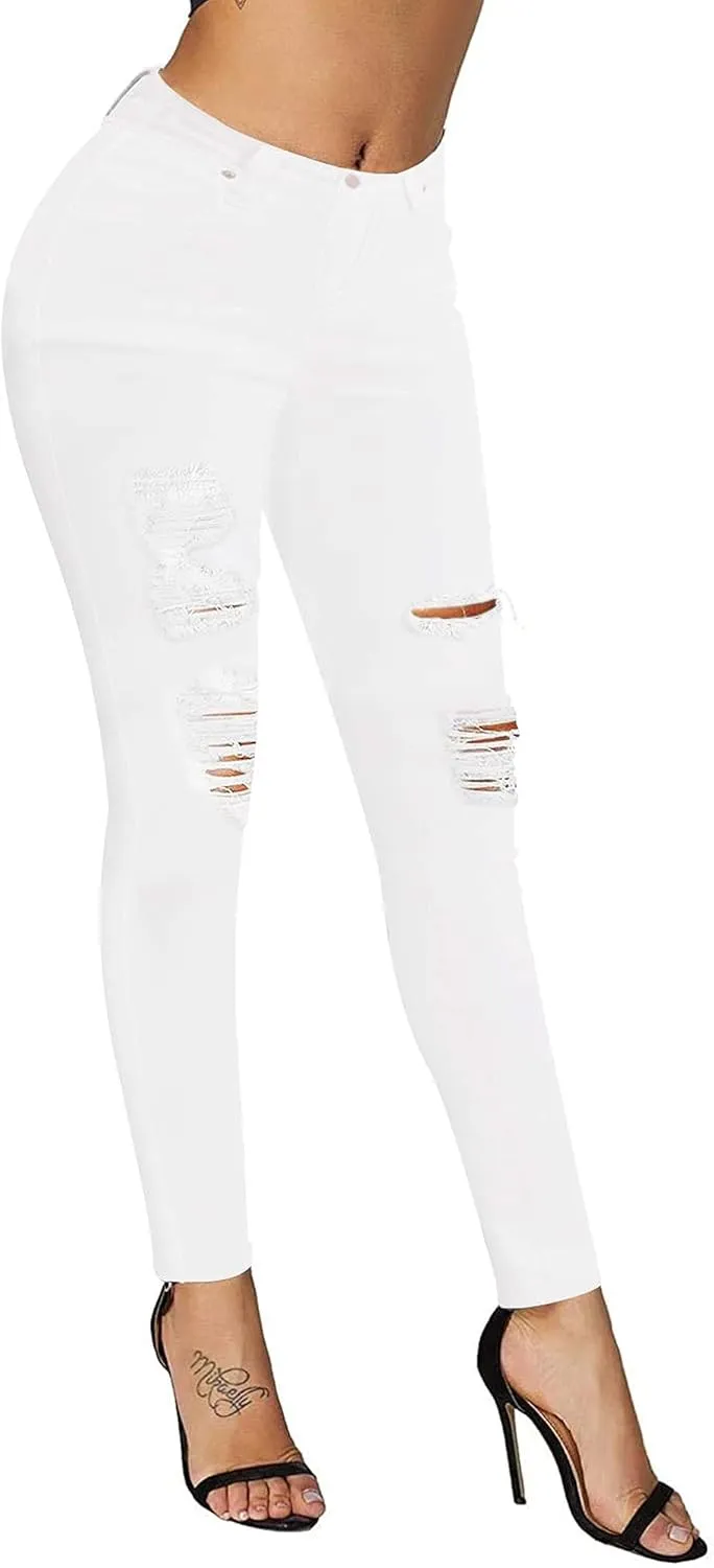 roswear Women's Essentials Ripped Mid Rise Destroyed Skinny Jeans
