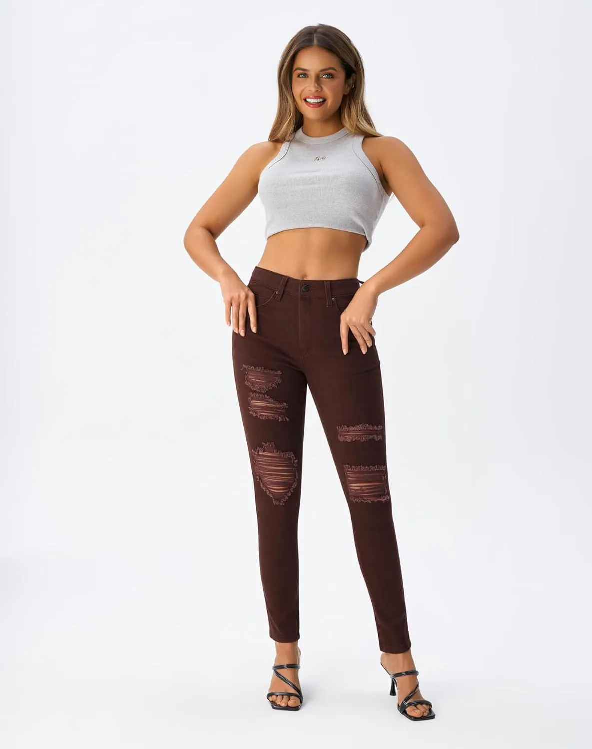 roswear Women's Essentials Ripped Mid Rise Destroyed Skinny Jeans