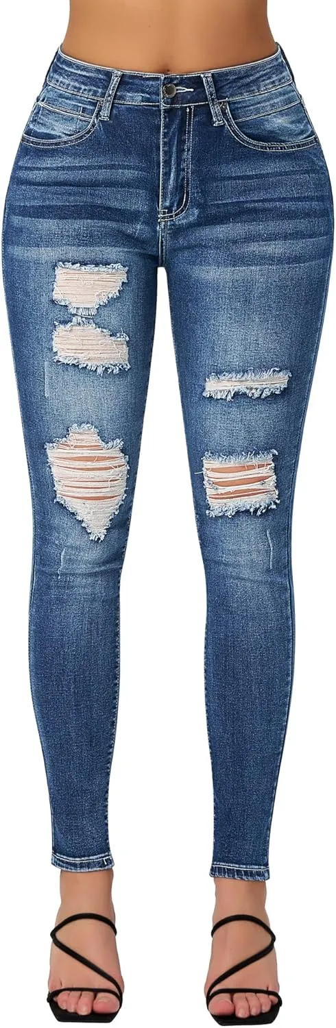 roswear Women's Essentials Ripped Mid Rise Destroyed Skinny Jeans