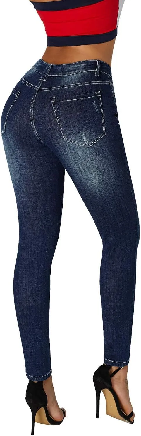 roswear Women's Essentials Ripped Mid Rise Destroyed Skinny Jeans