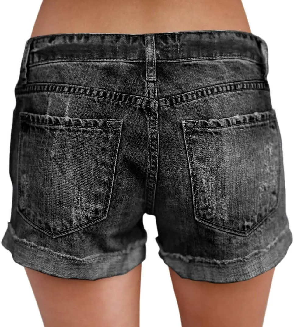 roswear Women's Ripped Mid Rise Stretchy Denim Jeans Shorts
