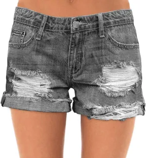 roswear Women's Ripped Mid Rise Stretchy Denim Jeans Shorts