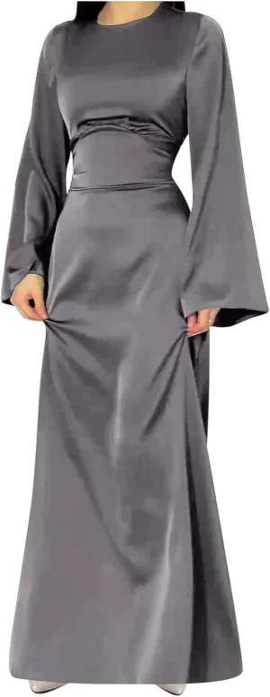 Satin Wedding Guest Dresses for Women Elegant Flared Sleeve Trendy Dress Infinity Fitted Outfits Comfy Suit Slimming