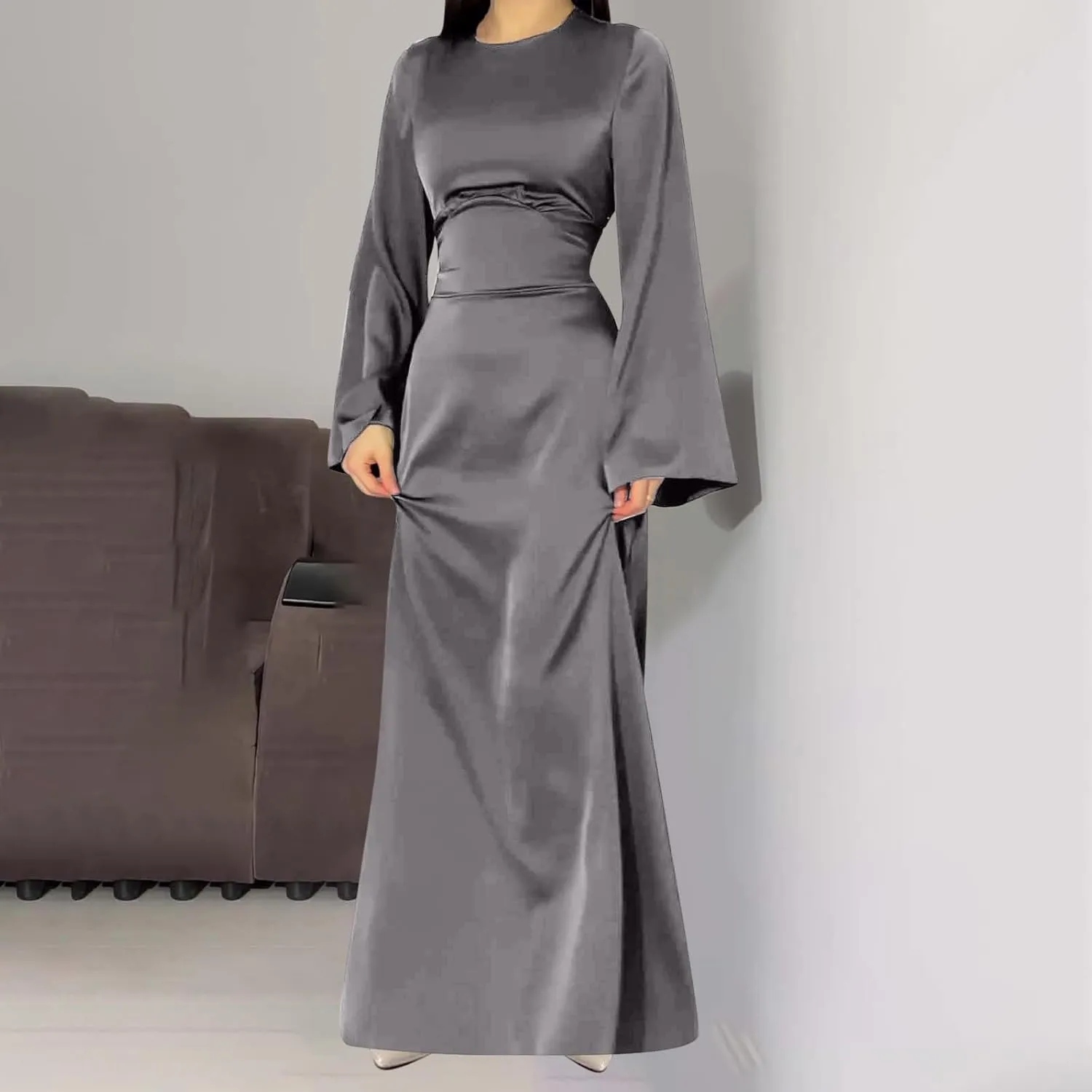 Satin Wedding Guest Dresses for Women Elegant Flared Sleeve Trendy Dress Infinity Fitted Outfits Comfy Suit Slimming
