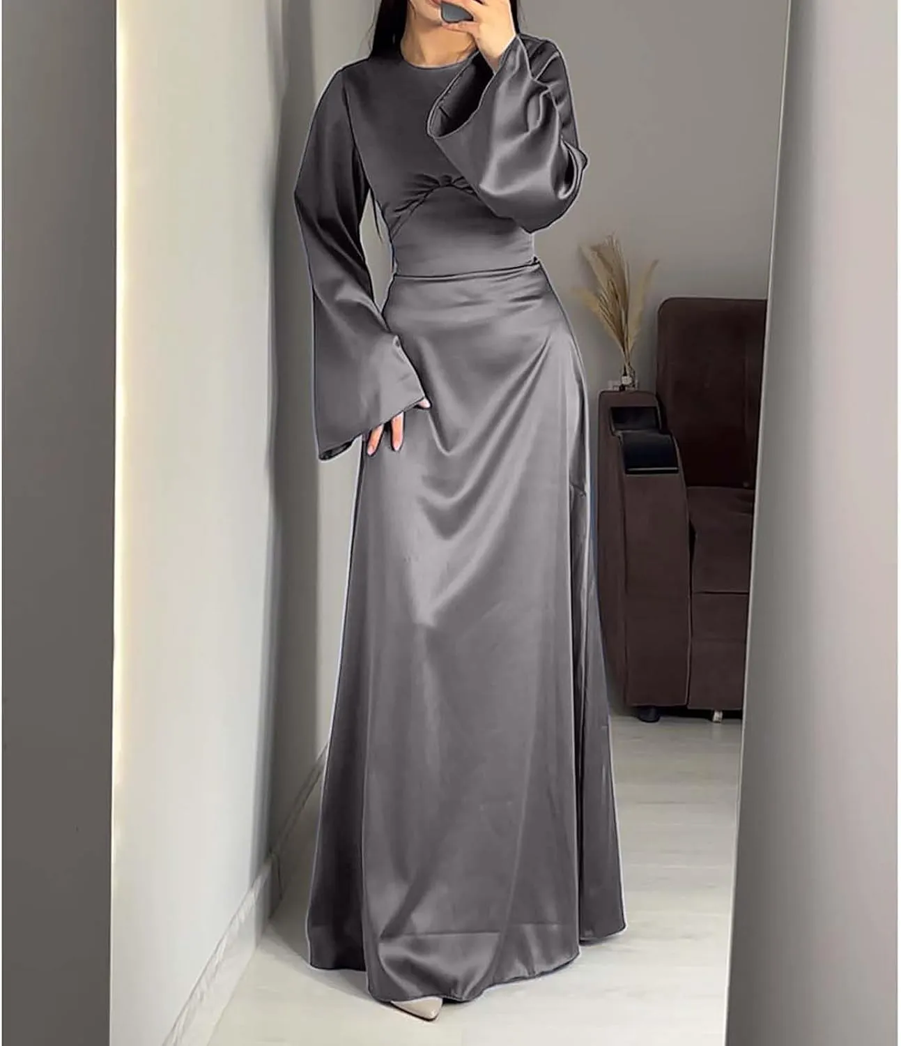 Satin Wedding Guest Dresses for Women Elegant Flared Sleeve Trendy Dress Infinity Fitted Outfits Comfy Suit Slimming