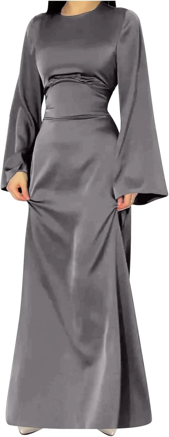 Satin Wedding Guest Dresses for Women Elegant Flared Sleeve Trendy Dress Infinity Fitted Outfits Comfy Suit Slimming