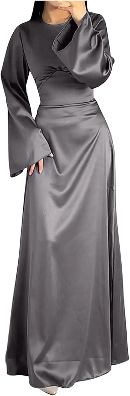 Satin Wedding Guest Dresses for Women Elegant Flared Sleeve Trendy Dress Infinity Fitted Outfits Comfy Suit Slimming