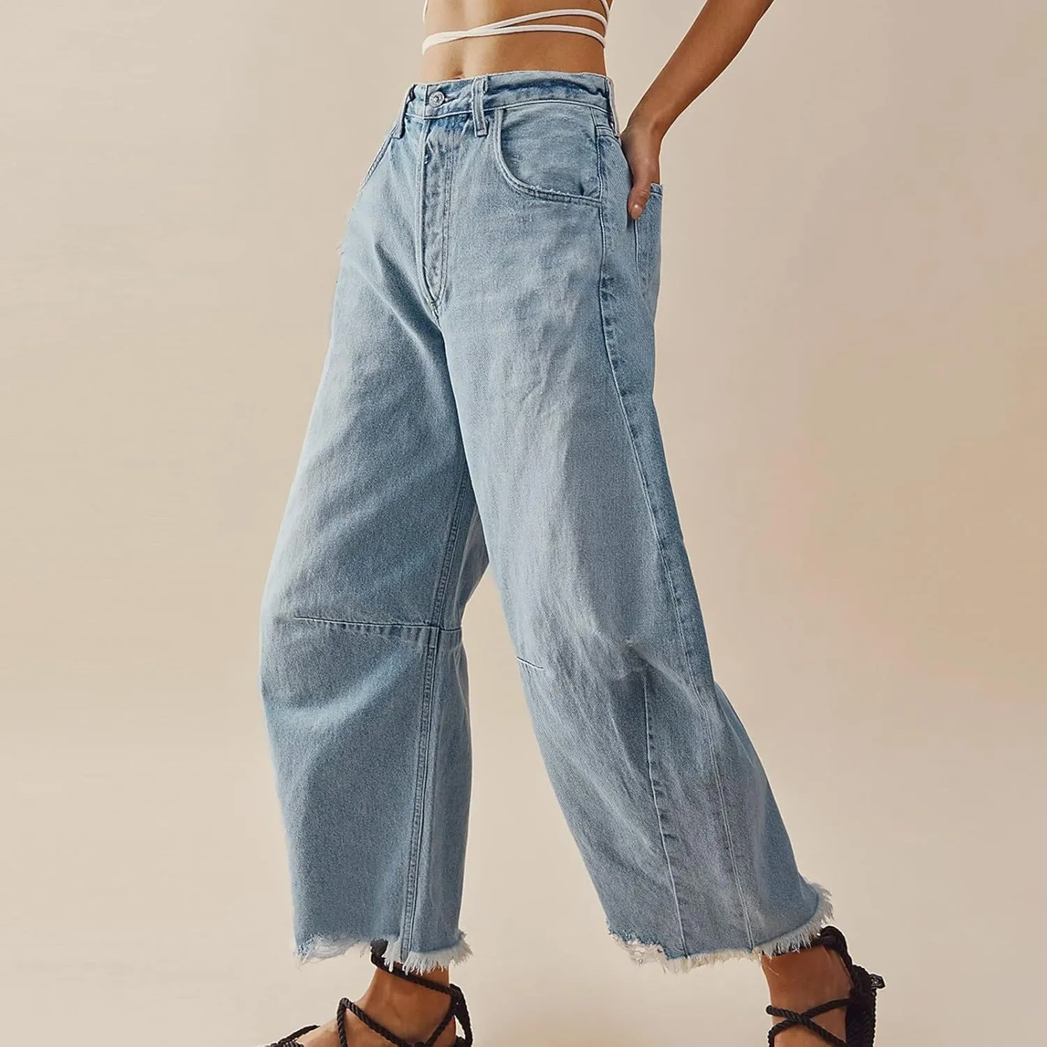 sdbrld Boyfriend Barrel Jeans Women,Womens Baggy Mid Rise Jeans Wide Leg Y2k Denim Harem Cropped Pant Vintage Barrel Jeans