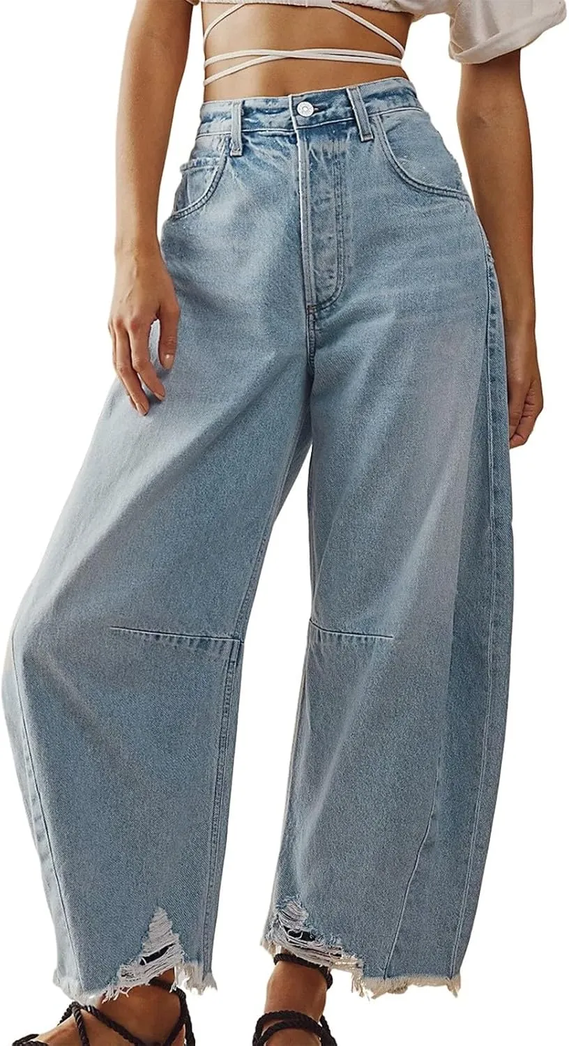 sdbrld Boyfriend Barrel Jeans Women,Womens Baggy Mid Rise Jeans Wide Leg Y2k Denim Harem Cropped Pant Vintage Barrel Jeans