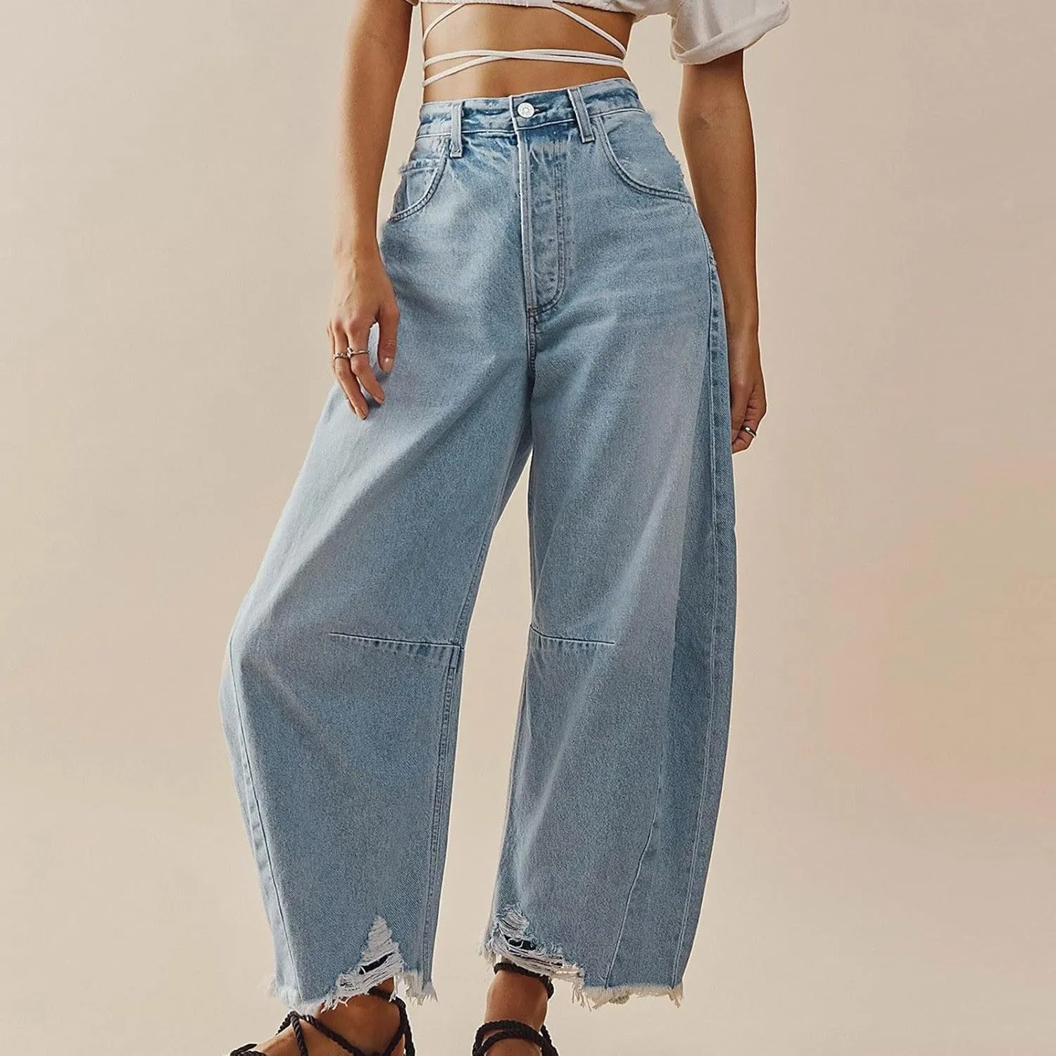 sdbrld Boyfriend Barrel Jeans Women,Womens Baggy Mid Rise Jeans Wide Leg Y2k Denim Harem Cropped Pant Vintage Barrel Jeans