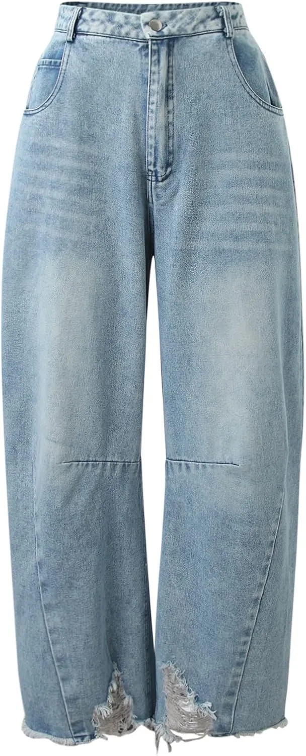 sdbrld Boyfriend Barrel Jeans Women,Womens Baggy Mid Rise Jeans Wide Leg Y2k Denim Harem Cropped Pant Vintage Barrel Jeans