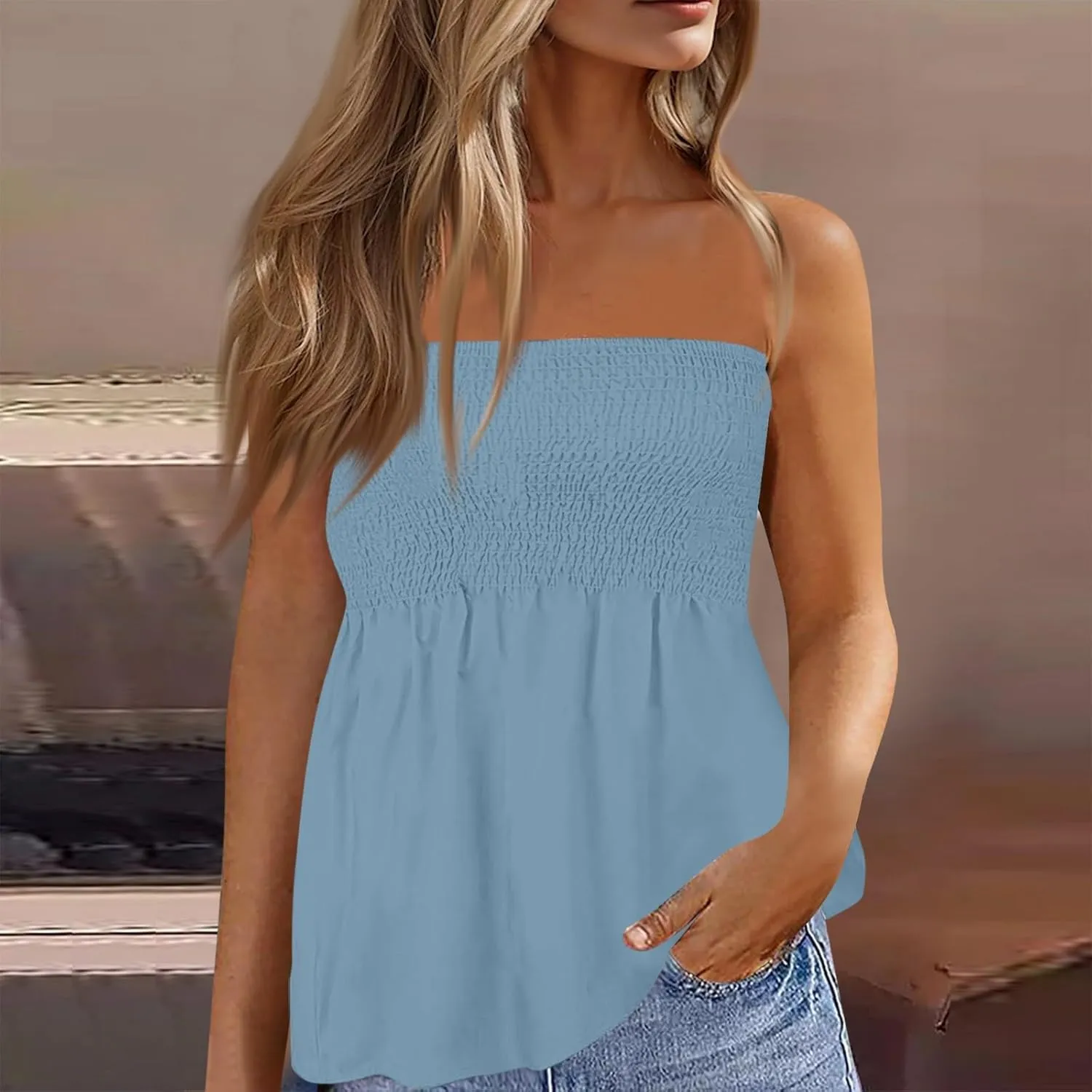 Sexy Tank Tops for Women Summer Strapless Tube Top Flare Hem Bandeau Backless Funny Shirts Holiday Sleeveless Blouse