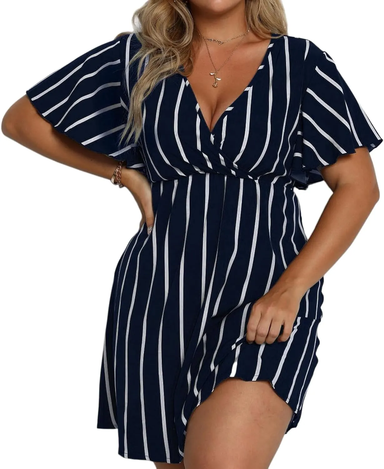 SHEJIZE Women's Plus Size Wrap Dress Plus Size Summer Dresses Short Sleeve V Neck Striped Mini Dress