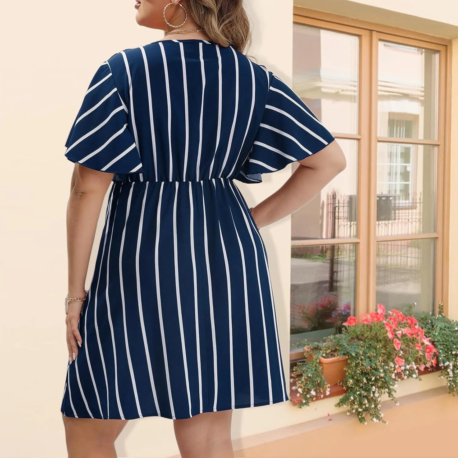 SHEJIZE Women's Plus Size Wrap Dress Plus Size Summer Dresses Short Sleeve V Neck Striped Mini Dress