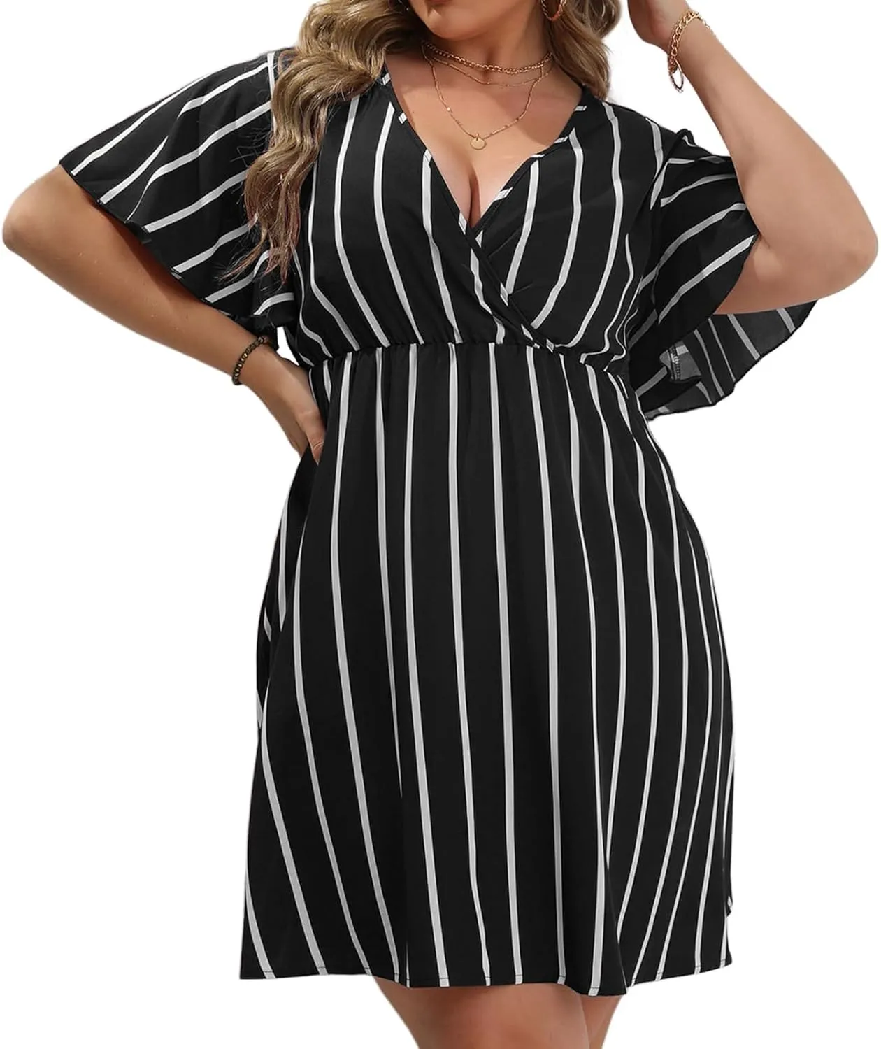 SHEJIZE Women's Plus Size Wrap Dress Plus Size Summer Dresses Short Sleeve V Neck Striped Mini Dress