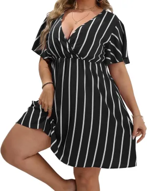 SHEJIZE Women's Plus Size Wrap Dress Plus Size Summer Dresses Short Sleeve V Neck Striped Mini Dress
