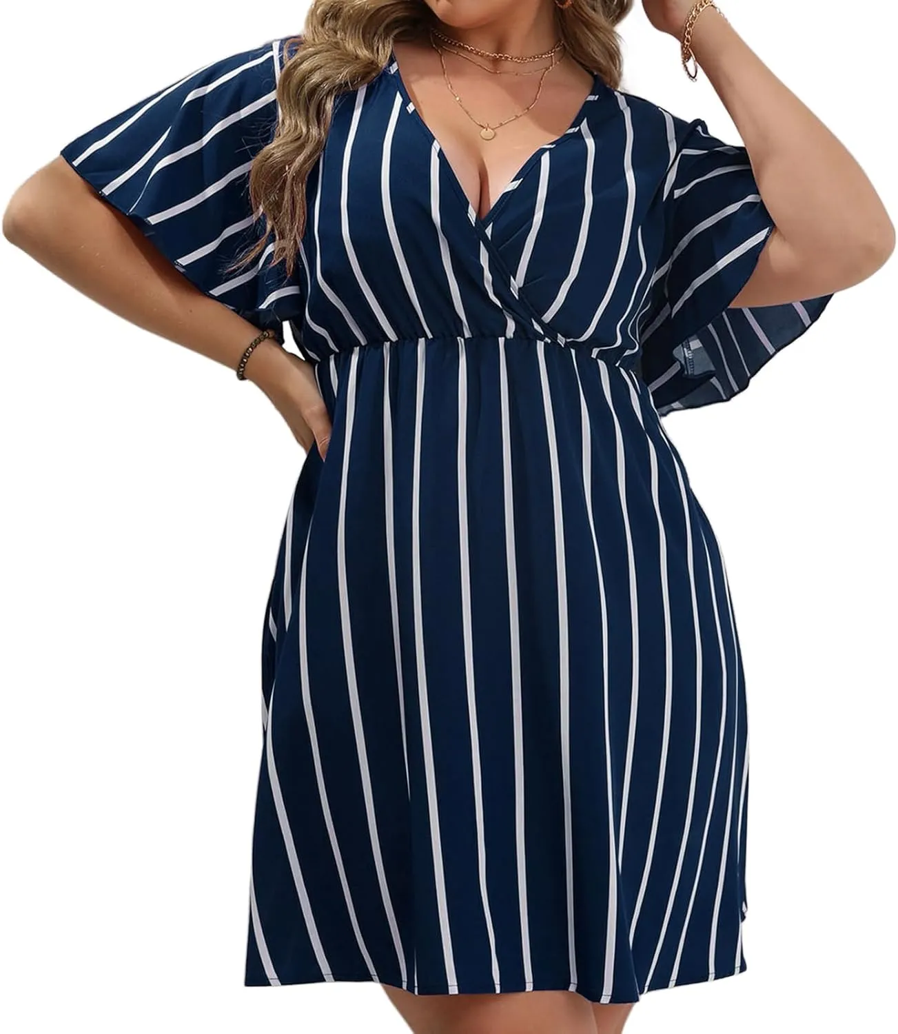 SHEJIZE Women's Plus Size Wrap Dress Plus Size Summer Dresses Short Sleeve V Neck Striped Mini Dress