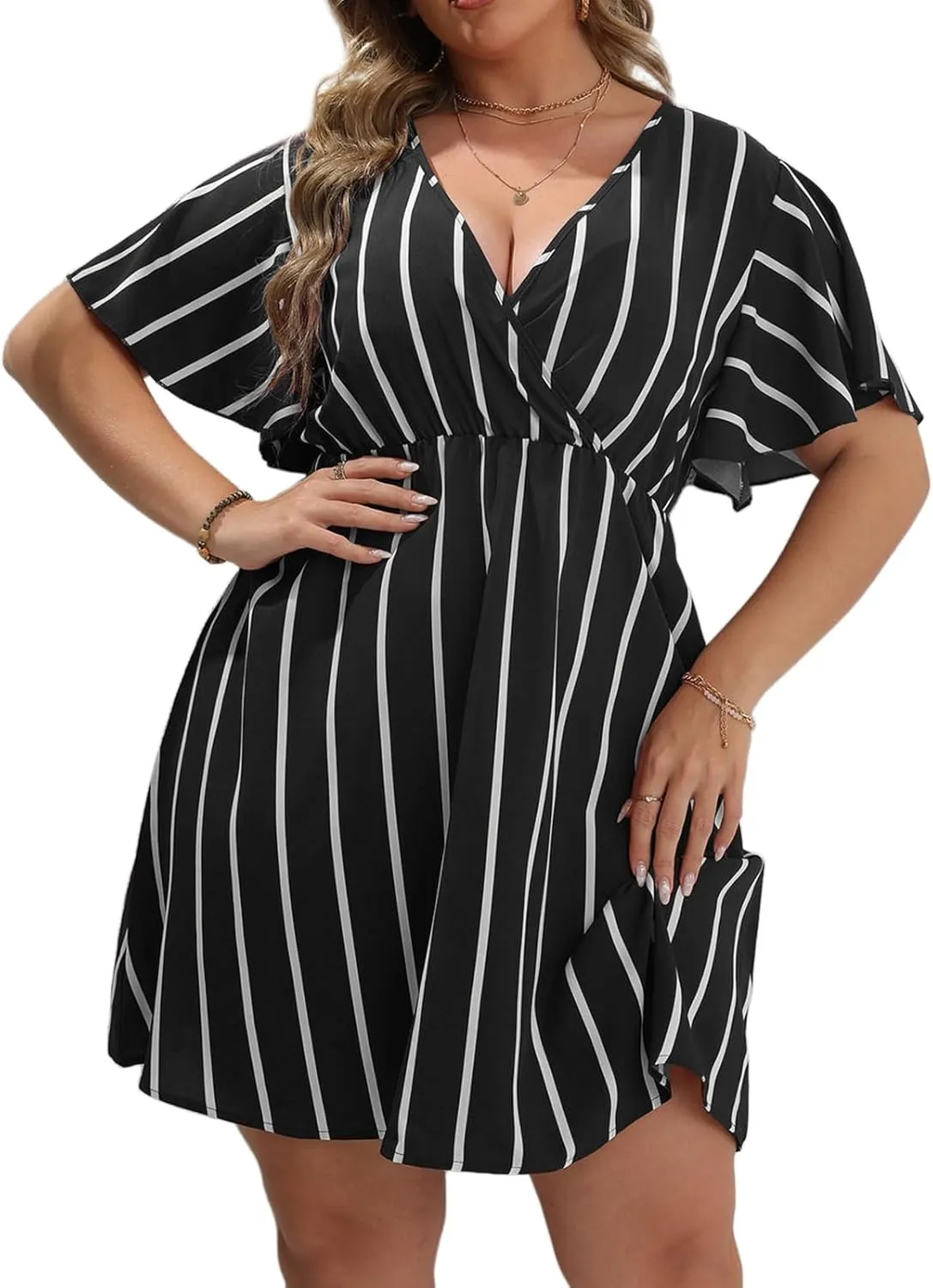 SHEJIZE Women's Plus Size Wrap Dress Plus Size Summer Dresses Short Sleeve V Neck Striped Mini Dress