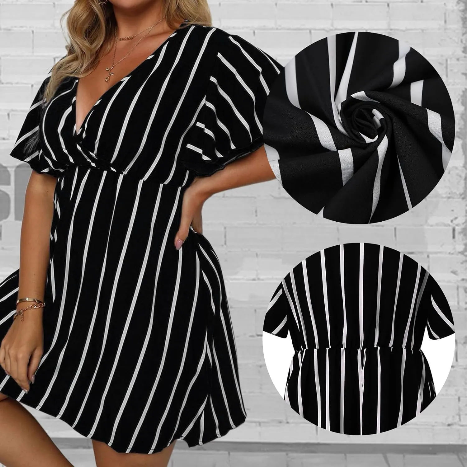 SHEJIZE Women's Plus Size Wrap Dress Plus Size Summer Dresses Short Sleeve V Neck Striped Mini Dress