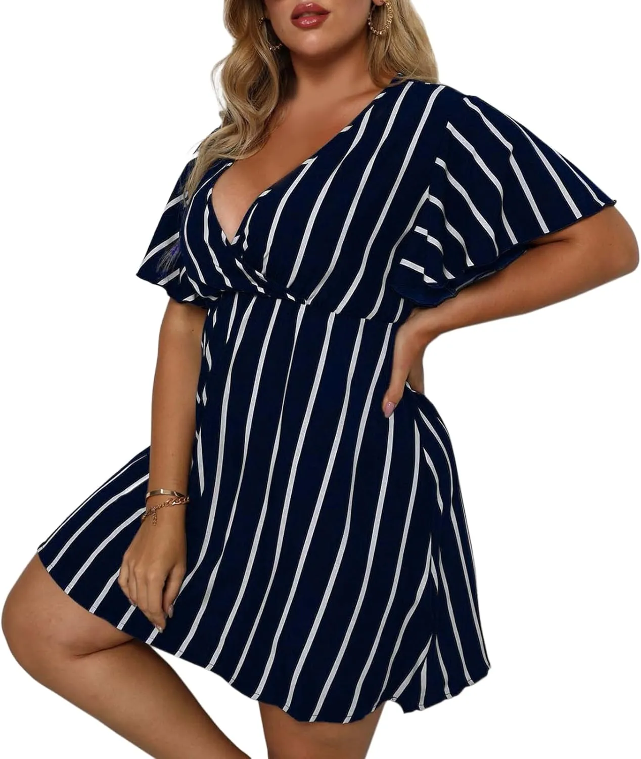 SHEJIZE Women's Plus Size Wrap Dress Plus Size Summer Dresses Short Sleeve V Neck Striped Mini Dress