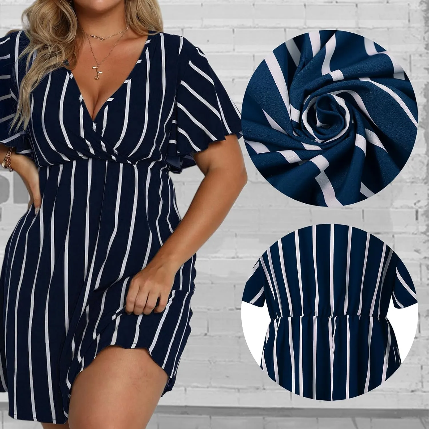 SHEJIZE Women's Plus Size Wrap Dress Plus Size Summer Dresses Short Sleeve V Neck Striped Mini Dress