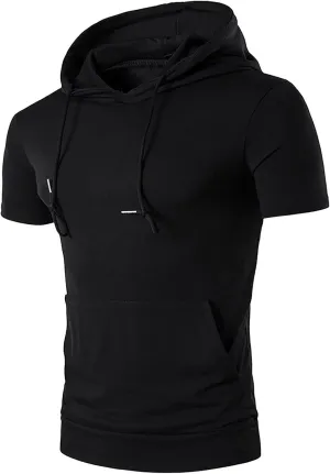 Short Sleeve Hoodies Gym Workout Drawstring Sweatshirts Work Slim Fit Stretch Pullover T-Shirts with Kangaroo Pocket