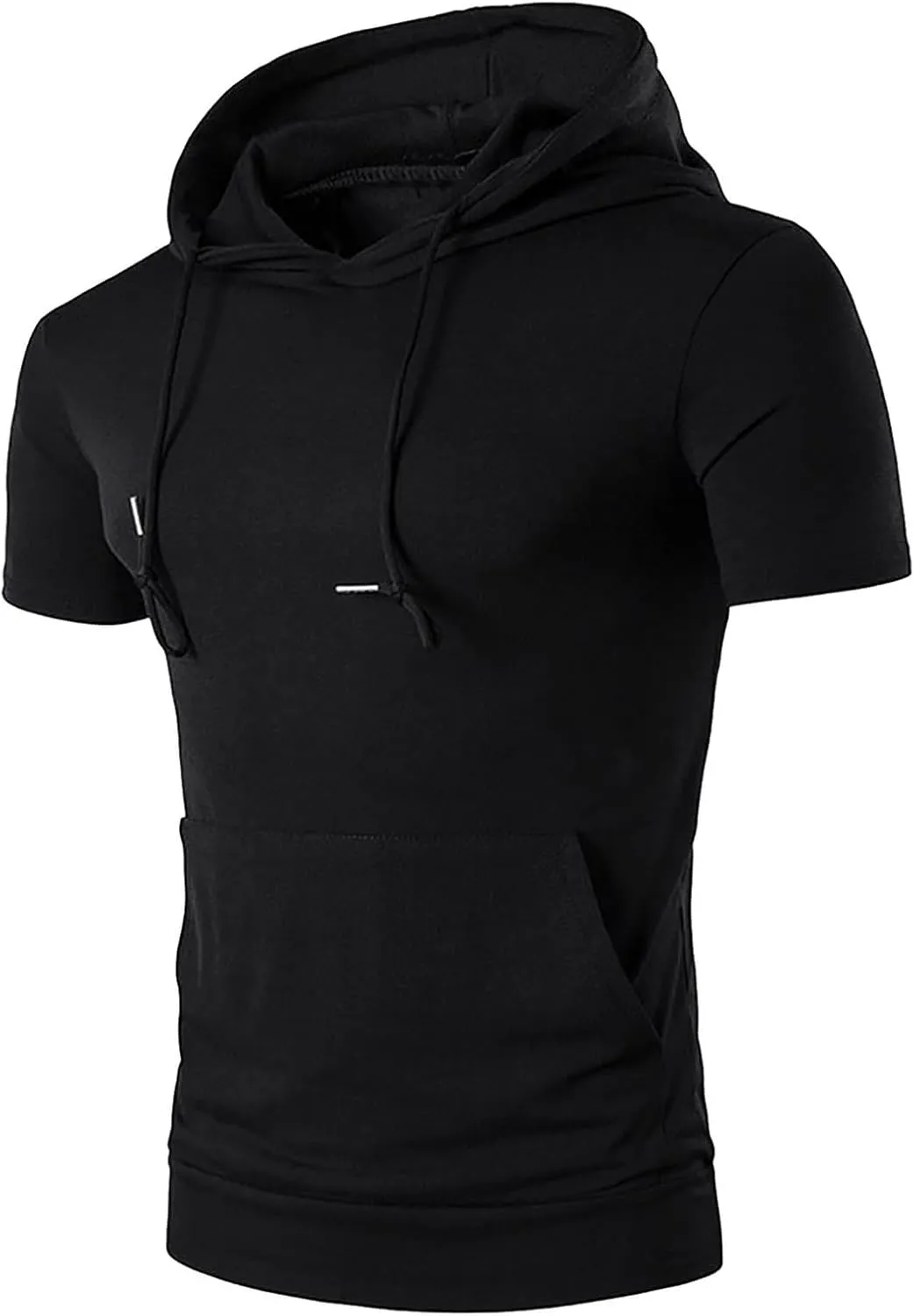 Short Sleeve Hoodies Gym Workout Drawstring Sweatshirts Work Slim Fit Stretch Pullover T-Shirts with Kangaroo Pocket