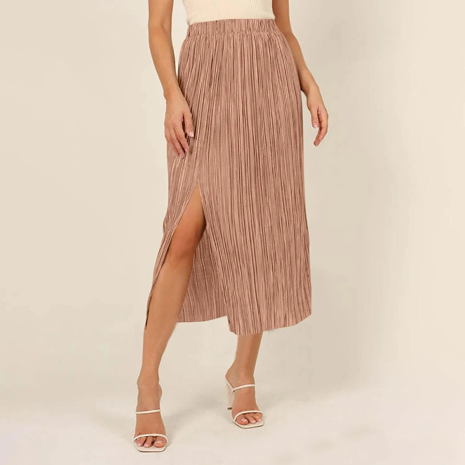 Skirts for Women Summer Boho Elegant Front Split Long Flowy Skirts Comfy Beach Elatic Waist Pleated A-Line Skirt