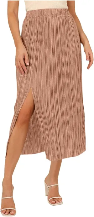Skirts for Women Summer Boho Elegant Front Split Long Flowy Skirts Comfy Beach Elatic Waist Pleated A-Line Skirt