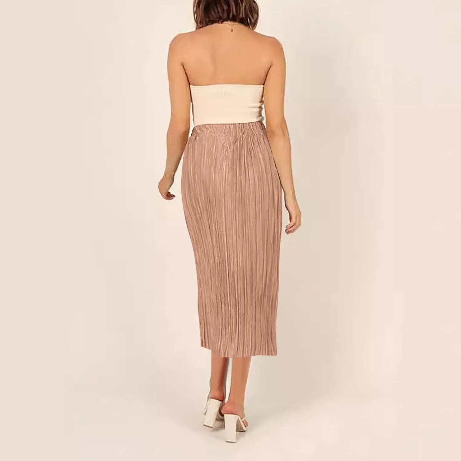 Skirts for Women Summer Boho Elegant Front Split Long Flowy Skirts Comfy Beach Elatic Waist Pleated A-Line Skirt