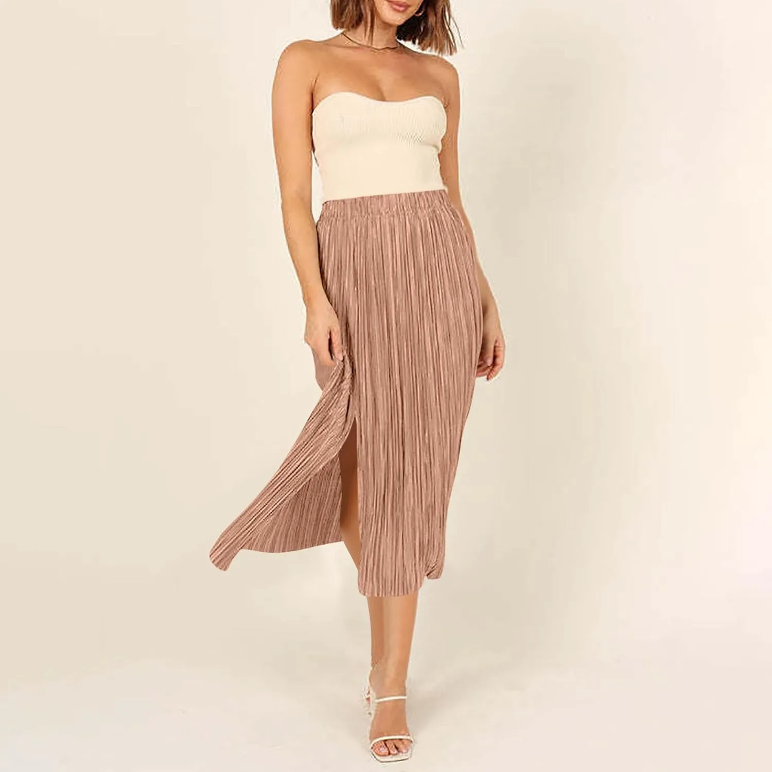 Skirts for Women Summer Boho Elegant Front Split Long Flowy Skirts Comfy Beach Elatic Waist Pleated A-Line Skirt