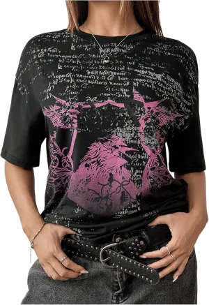 SOLY HUX Women's Y2k Goth Graphic Tees Short Sleeve Crew Neck T Shirt Vintage Streetwear Summer Tops
