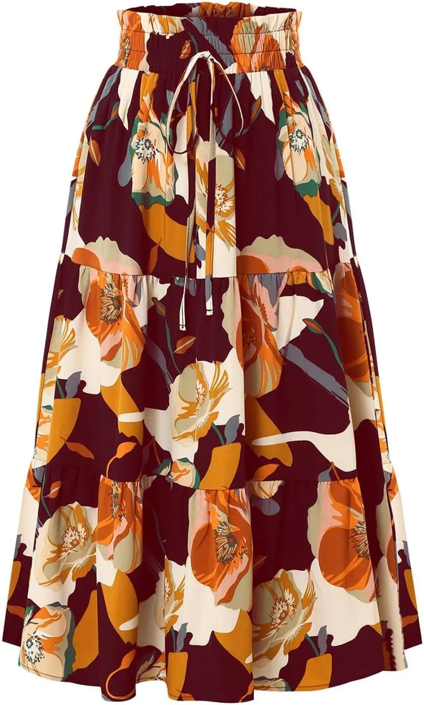 Spring Skirts for Women 2025 Floral Beach Midi Skirt Flowy Tiered Elastic High Waisted Skirts Swing A Line Skirt