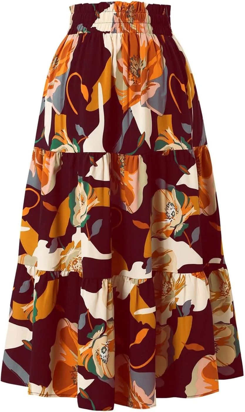 Spring Skirts for Women 2025 Floral Beach Midi Skirt Flowy Tiered Elastic High Waisted Skirts Swing A Line Skirt