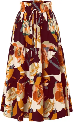 Spring Skirts for Women 2025 Floral Beach Midi Skirt Flowy Tiered Elastic High Waisted Skirts Swing A Line Skirt