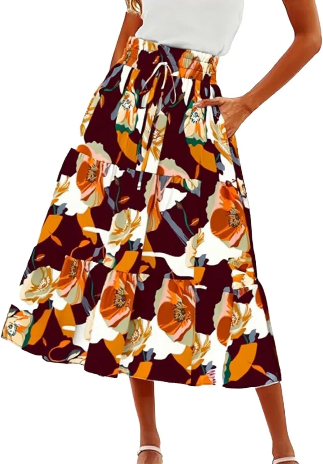 Spring Skirts for Women 2025 Floral Beach Midi Skirt Flowy Tiered Elastic High Waisted Skirts Swing A Line Skirt