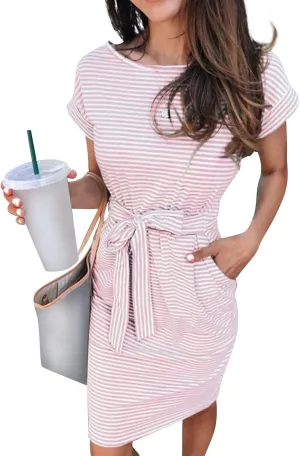 Striped Tshirt Dress Women Cotton Tie Waist Casual Summer Dresses Boat Neck Short Sleeve Wrap Dress Belted Midi Dress