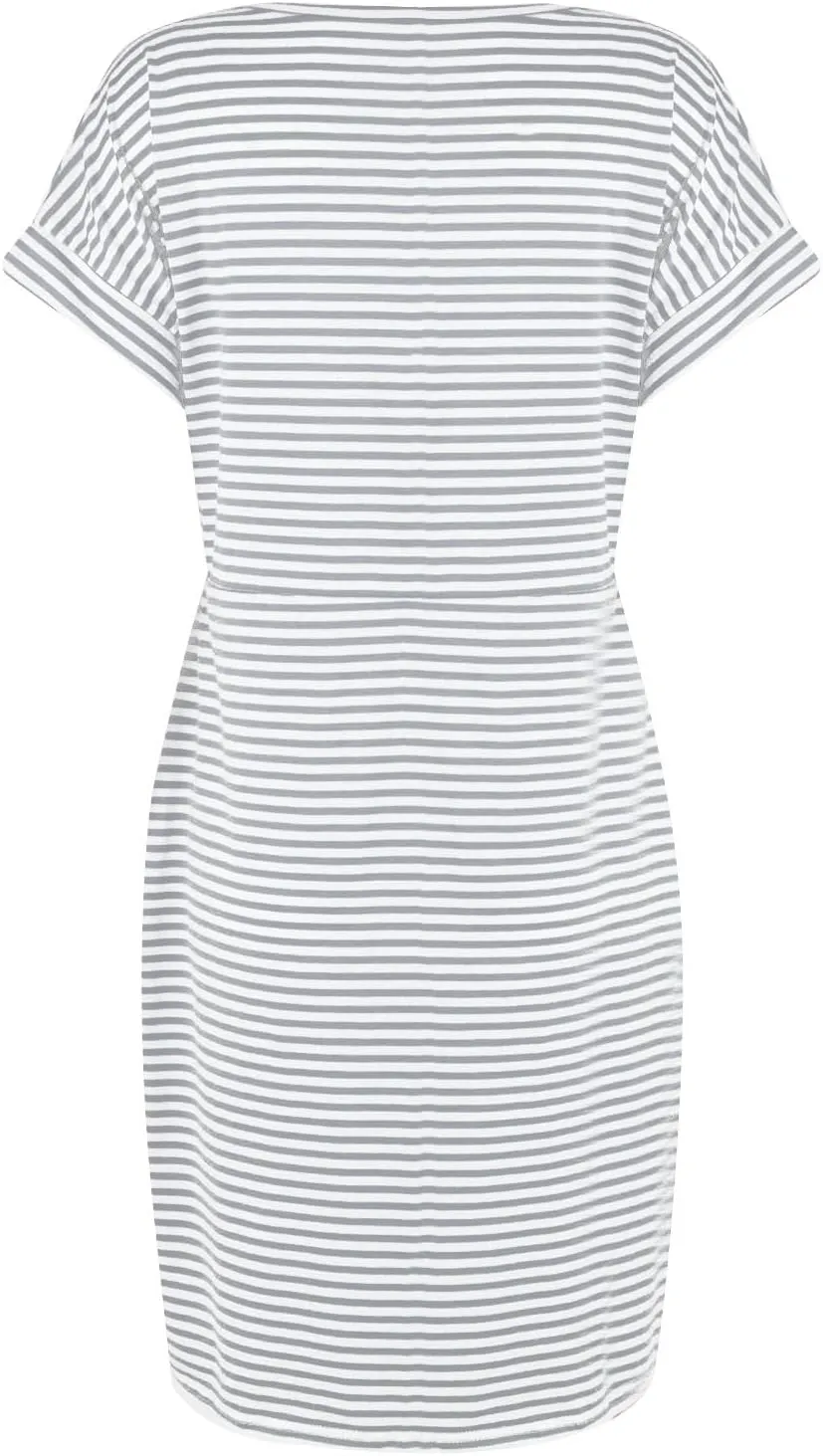 Striped Tshirt Dress Women Cotton Tie Waist Casual Summer Dresses Boat Neck Short Sleeve Wrap Dress Belted Midi Dress