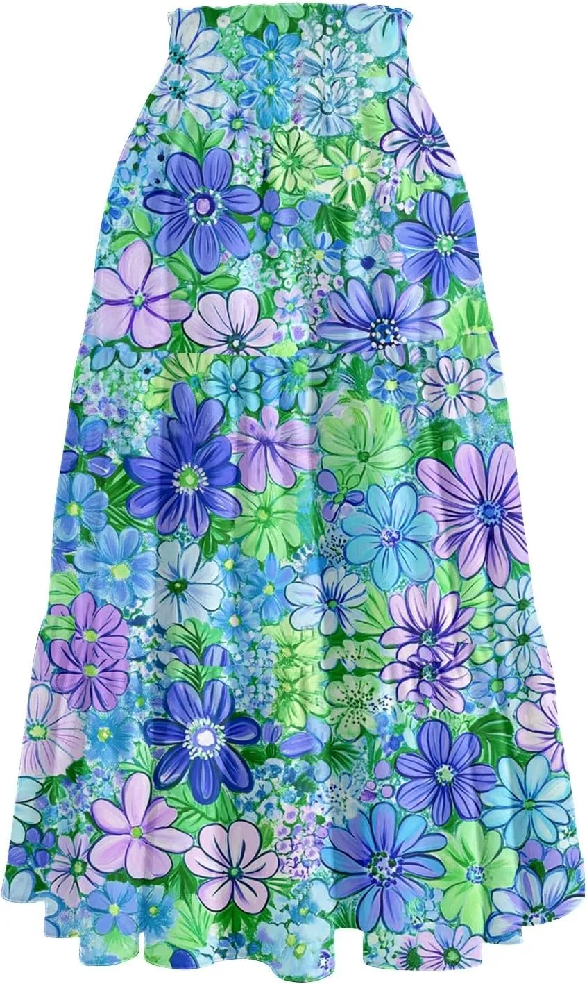 Stylish Summer Party Skirt Women Full Hems Comfy Baggy Floral Expandable Waist Skirts