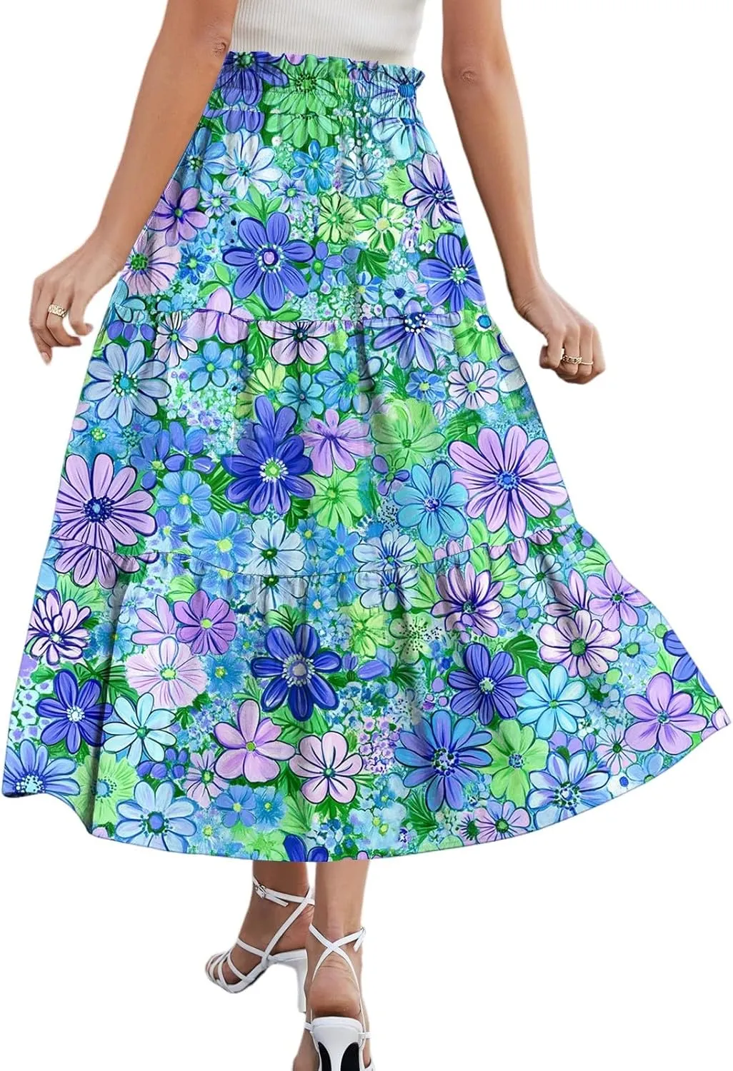 Stylish Summer Party Skirt Women Full Hems Comfy Baggy Floral Expandable Waist Skirts