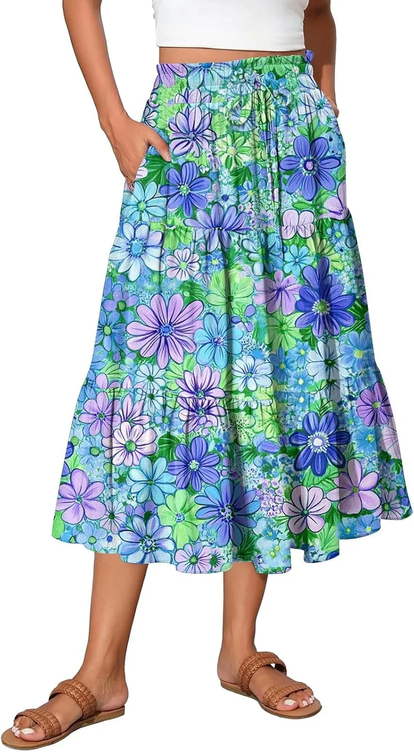 Stylish Summer Party Skirt Women Full Hems Comfy Baggy Floral Expandable Waist Skirts