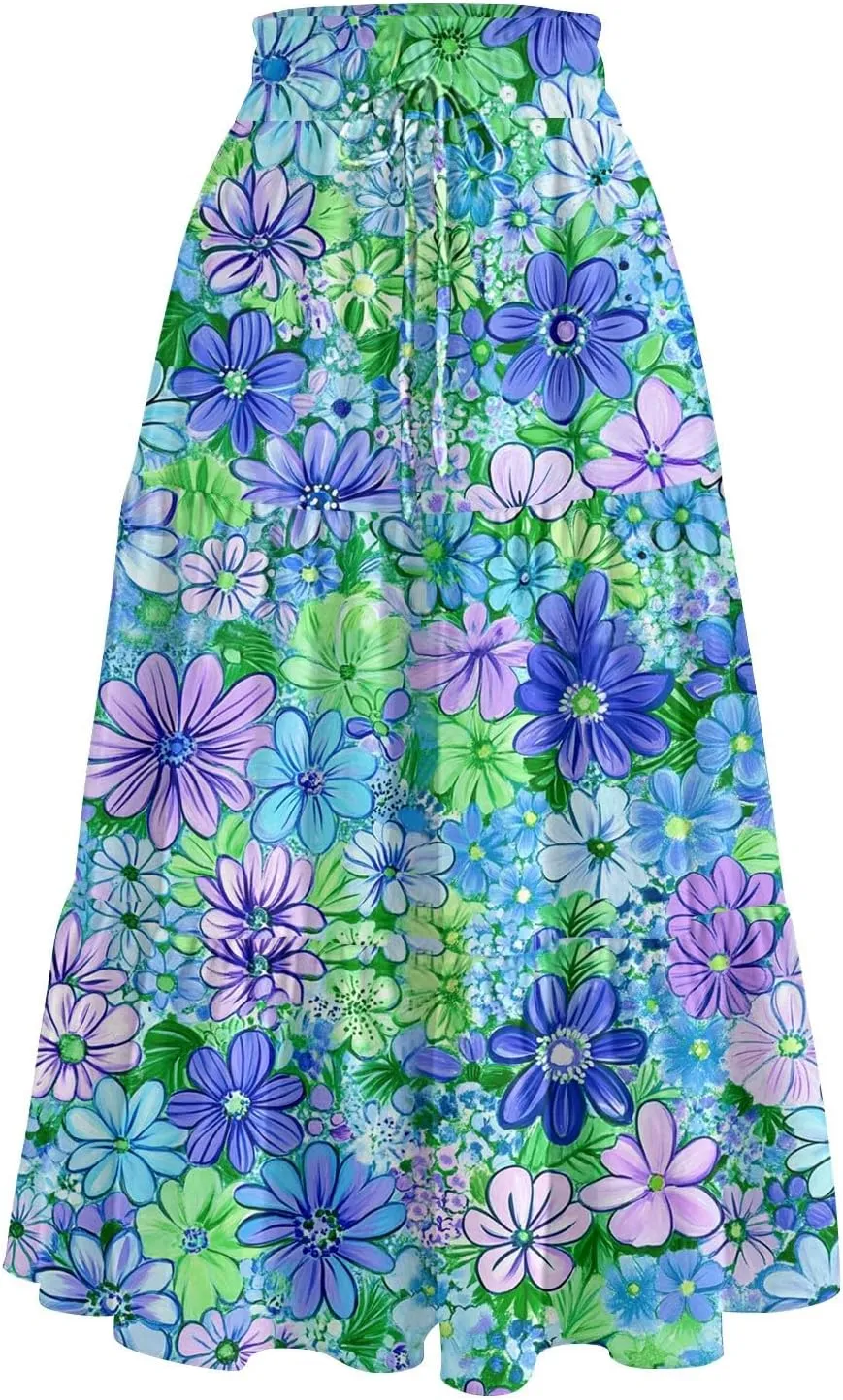 Stylish Summer Party Skirt Women Full Hems Comfy Baggy Floral Expandable Waist Skirts