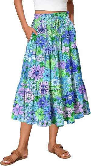 Stylish Summer Party Skirt Women Full Hems Comfy Baggy Floral Expandable Waist Skirts