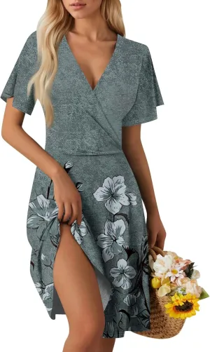 Summer Boho Floral Sundress for Women 2025 V Neck Wrap Dresses Short Sleeve Casual A-Line Midi Vacation Beach Dress