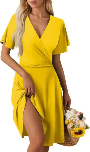 Summer Boho Floral Sundress for Women 2025 V Neck Wrap Dresses Short Sleeve Casual A-Line Midi Vacation Beach Dress