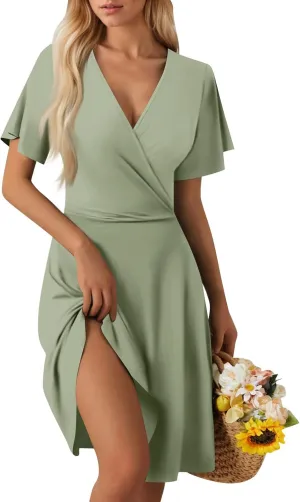 Summer Boho Floral Sundress for Women 2025 V Neck Wrap Dresses Short Sleeve Casual A-Line Midi Vacation Beach Dress