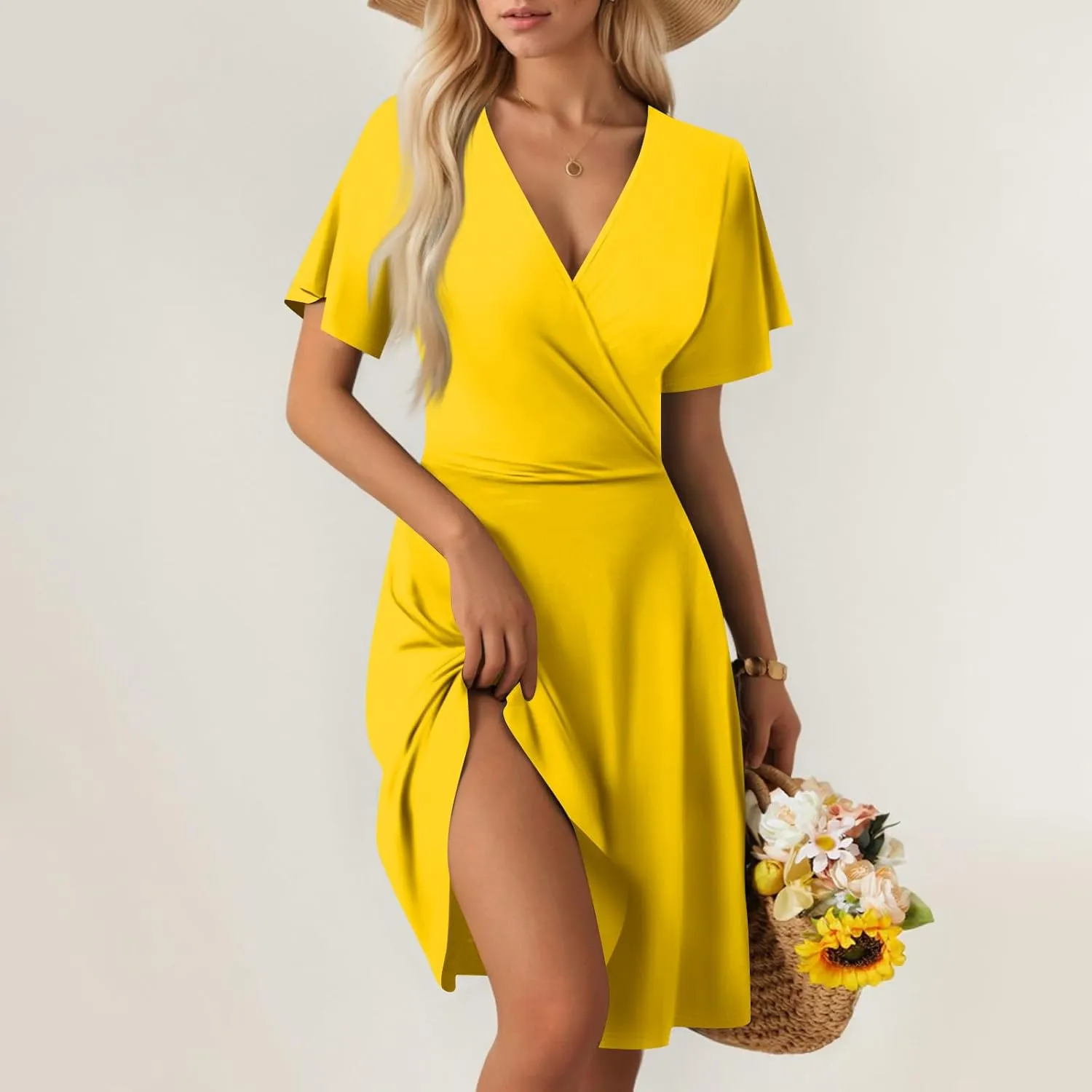 Summer Boho Floral Sundress for Women 2025 V Neck Wrap Dresses Short Sleeve Casual A-Line Midi Vacation Beach Dress